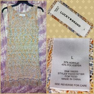 Lucky Brand Cream/Orange/Blue Crochet Knit Tank Sweater Dress W/Fringe L(10/12)